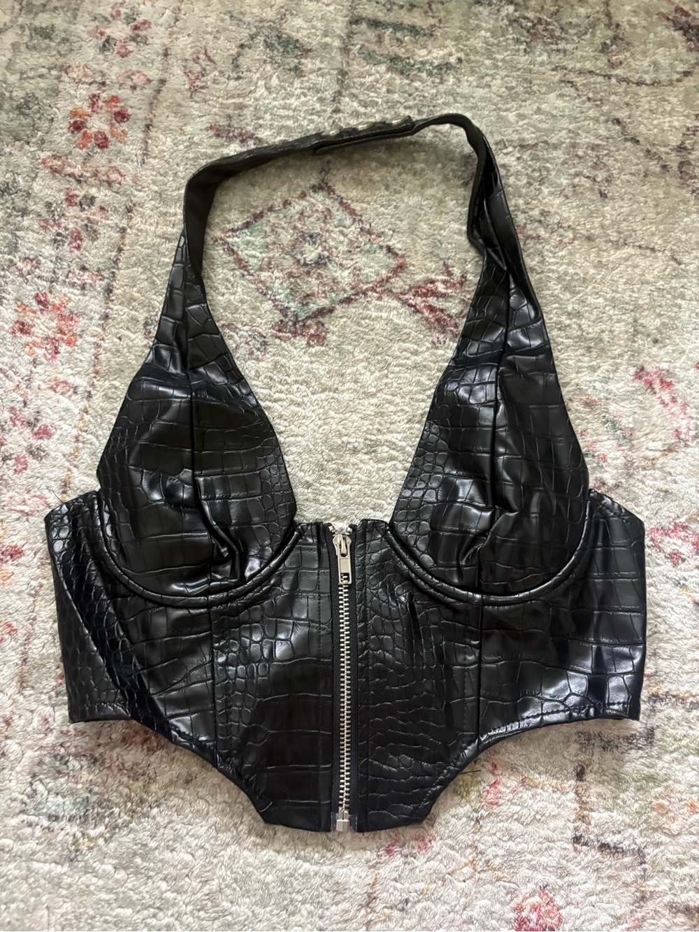 Edikted Black Faux Leather Halter Zip Front Bustier